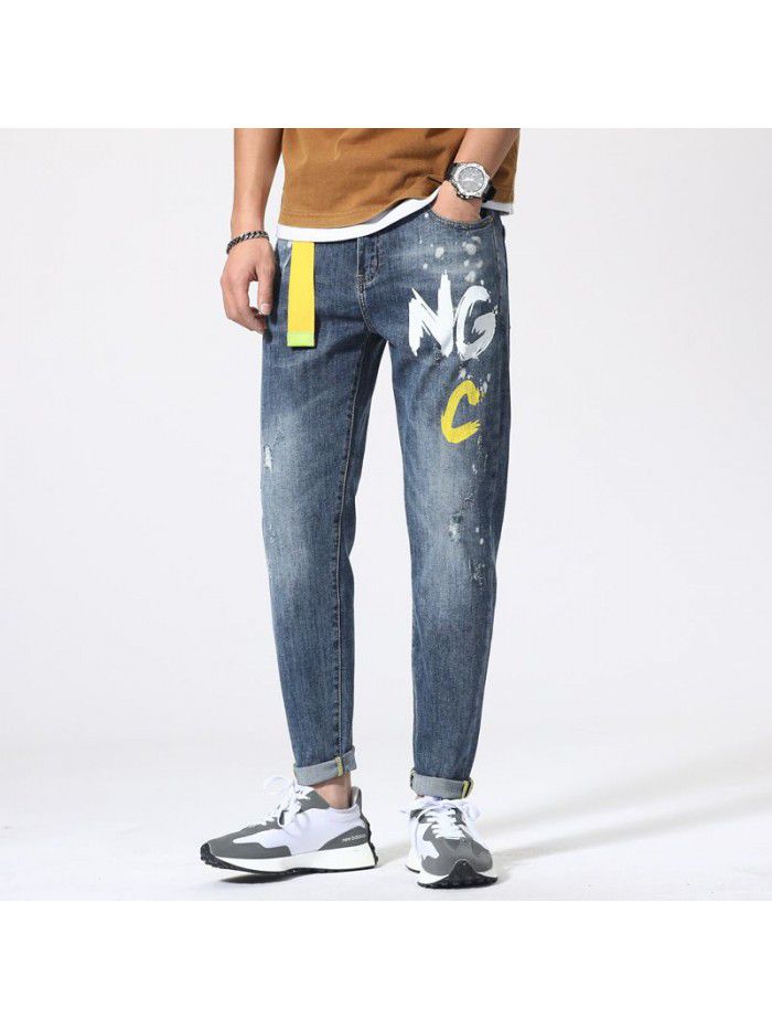  spring and summer new jeans men's loose size Leggings men's trend casual stretch Harlan Capris 