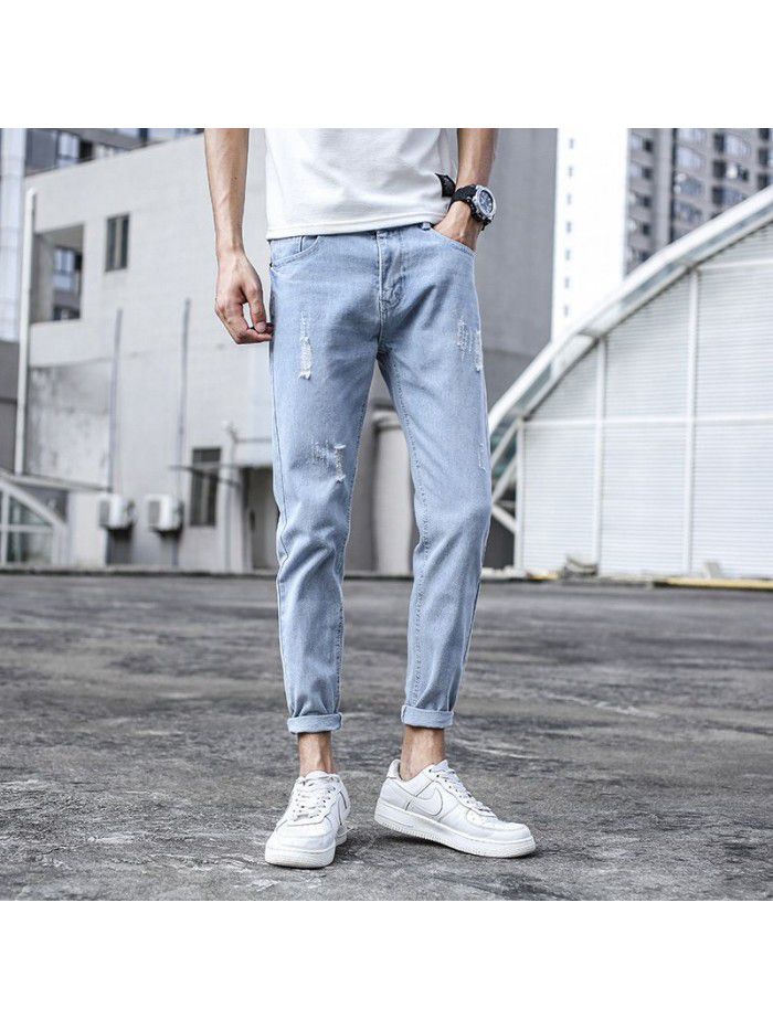 Spring and summer  new fashion brand jeans men's Korean slim Leggings men's trend youth casual Capris 