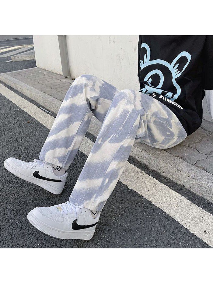 spring and summer new jeans men's trend loose straight hip hop Street elastic waist Hong Kong style wide leg pants 