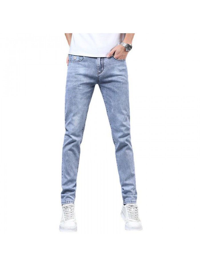  spring and summer new jeans men's Korean slim fit elastic leg pants men's trend leisure wash long pants 