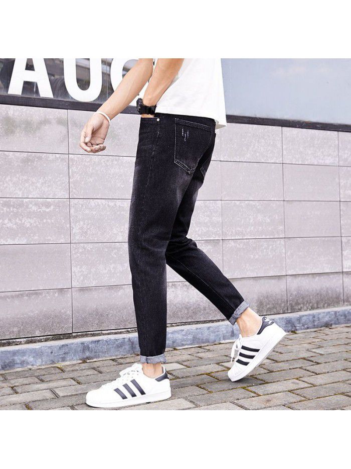Trendy brand washed jeans men's Korean Slim small leg Capris men's trend youth fashion simple casual pants 