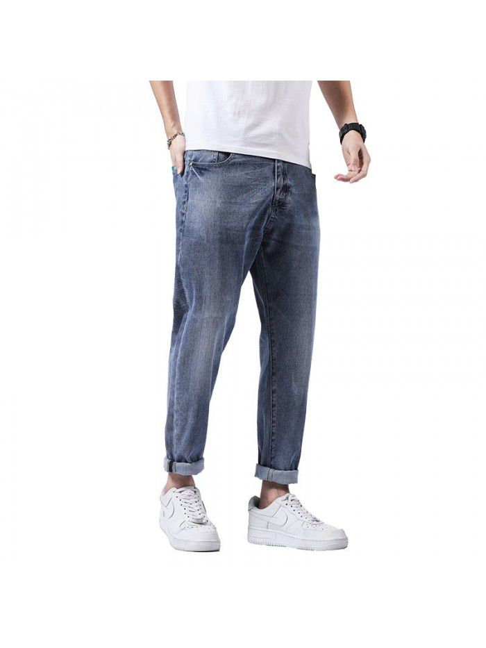 Spring and summer new jeans men's fashion brand loose straight tube Harem Pants men's fashion youth leisure elastic Capris 