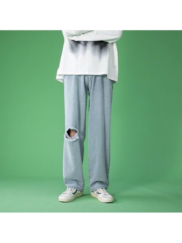Hole jeans men's spring and summer new fashion brand loose straight wide leg pants men's fashion youth leisure father pants 
