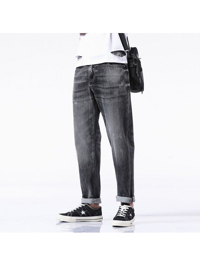 Spring and summer new fashion brand jeans men's loose straight elastic pants men's fashion Korean casual harem Capris 