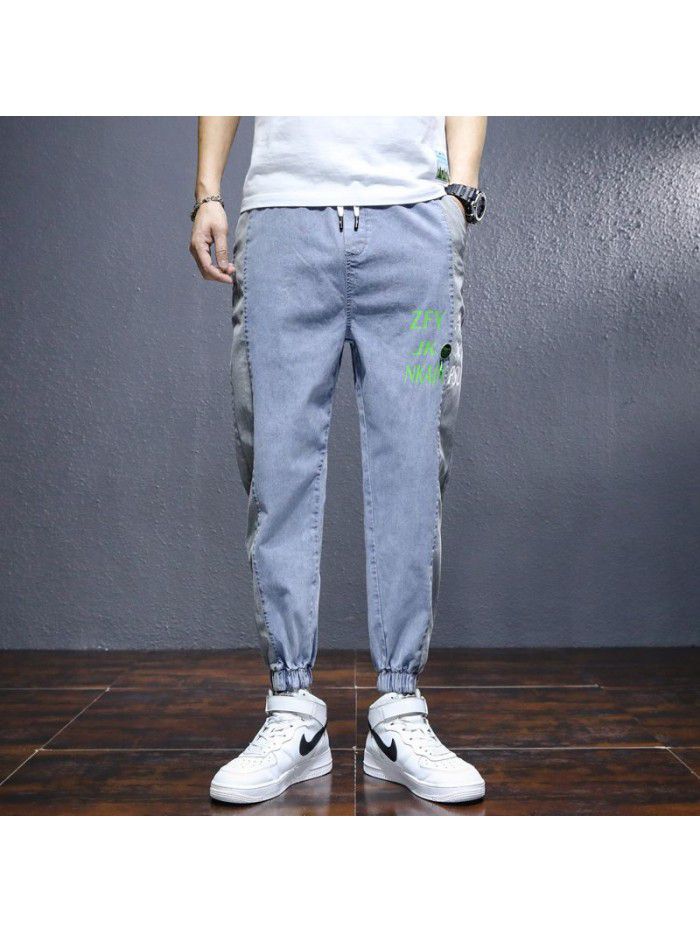 spring and summer new jeans men's fashion brand drawstring slim Korean men's youth leisure stretch pants 