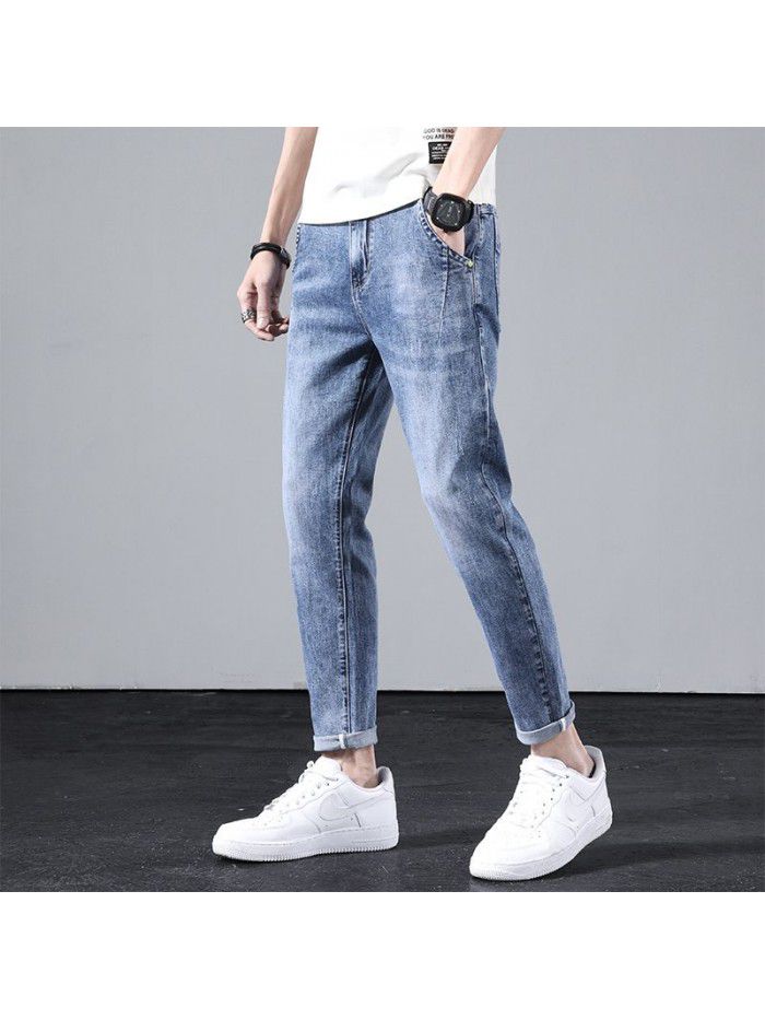 Jeans men's spring fashion brand loose Harlan straight pants men's trend youth fashion simple casual Capris 