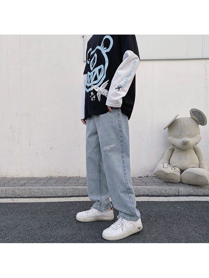 Hong Kong style straight tube wide leg jeans men's  spring and summer new casual Street loose dad skateboard mop pants 