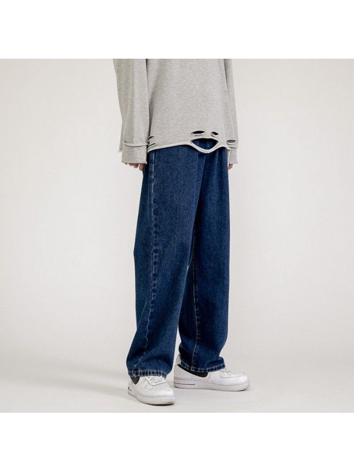 Spring and summer new jeans men's fashion brand loose straight tube wide leg pants men's fashion Korean casual daddy pants 