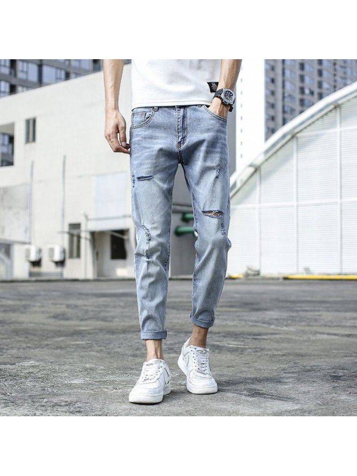 Spring and summer new fashion brand jeans men's Korean slim hole Leggings men's fashion casual elastic pants 