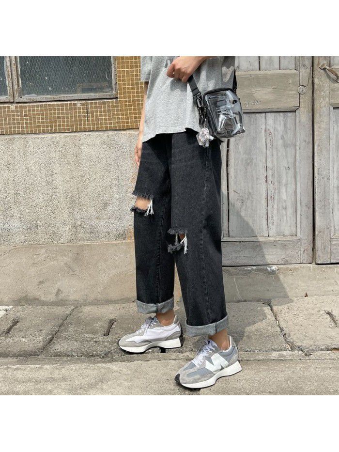 Spring and summer new fashion brand pierced jeans men's loose straight pants men's fashion youth leisure wide leg Harem Pants 