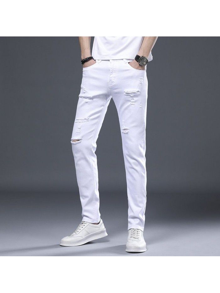 Spring and summer new hole jeans men's Korean slim Leggings men's youth fashion casual stretch pants 