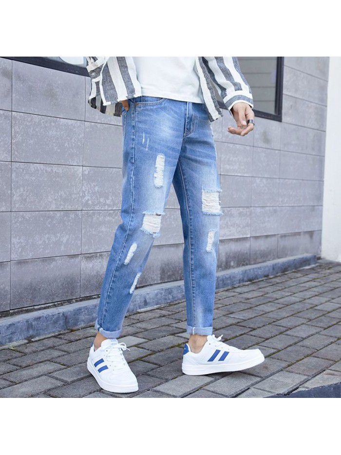 Fashion brand washed jeans men's spring and summer new hole slim Leggings men's fashion casual Capris 