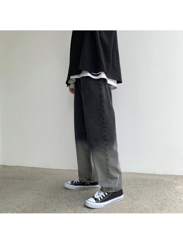 Korean washed jeans men's fashion brand loose straight pants Harem Pants men's youth leisure wide leg daddy pants 