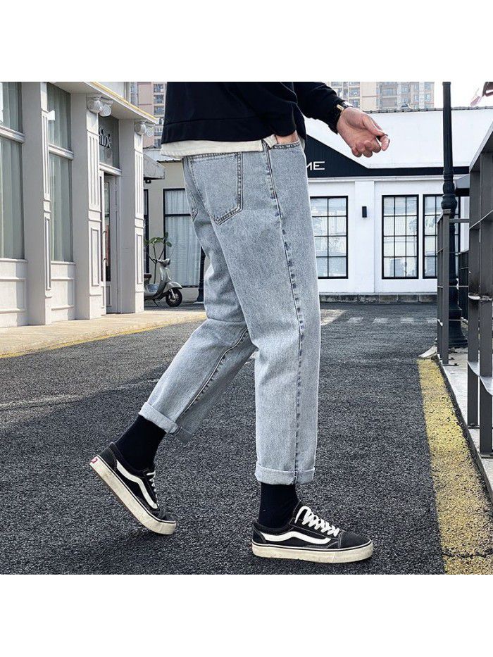 New jeans in spring and summer, men's loose straight Harem Pants, men's trend, simple leisure, wide leg, daddy's nine point pants 
