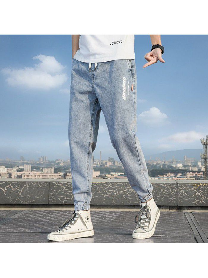 Spring and summer new drawstring washed jeans men's fashion brand loose legged Harem Pants men's casual legged pants 