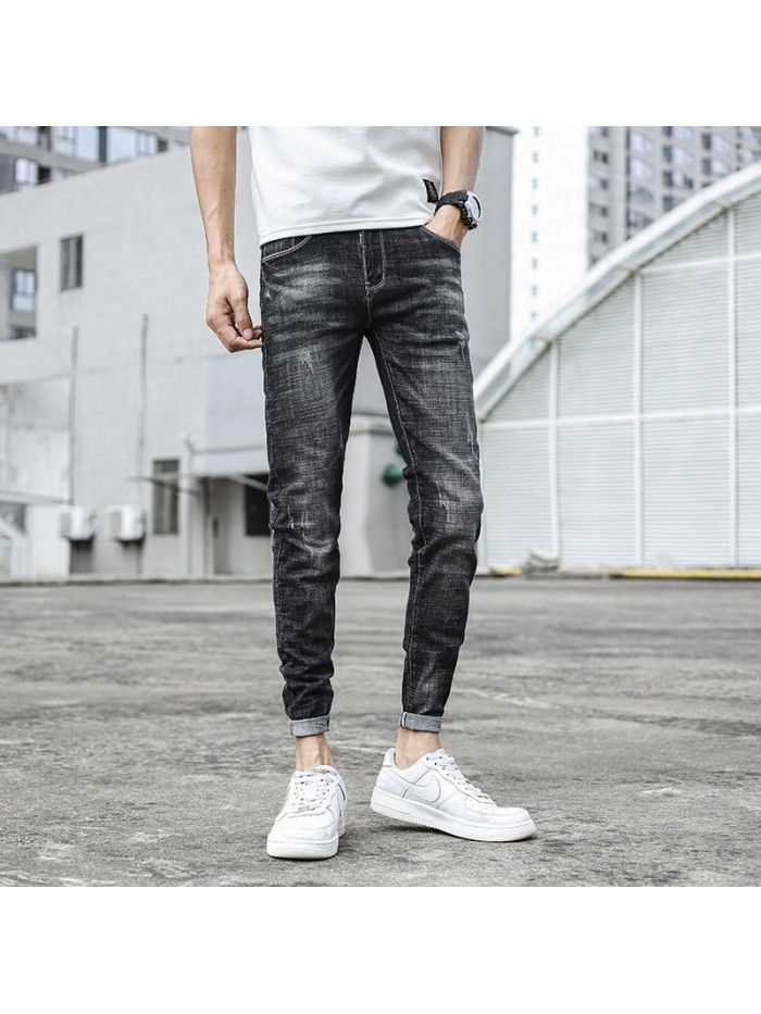 Spring and summer new fashion brand jeans men's Korean version slim personality trend fashion simple casual small foot quarter pants 