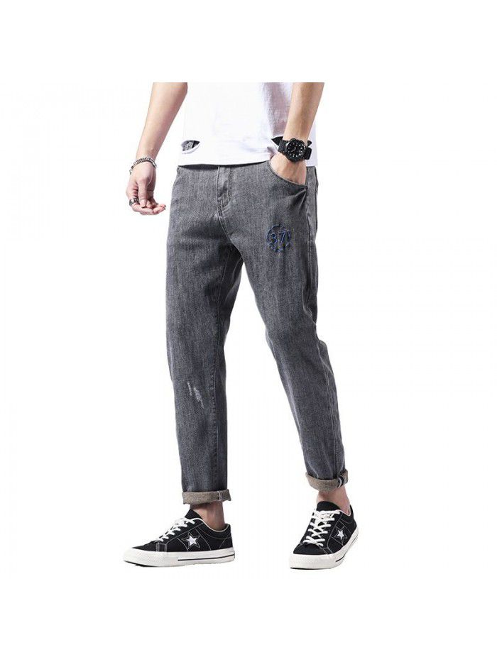 Spring and summer new stretch jeans men's fashion brand loose straight tube Harem Pants men's trend casual embroidery Capris 