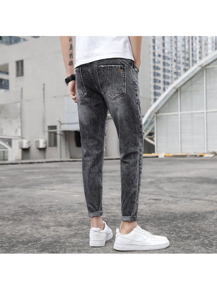 spring and summer new jeans men's Korean slim Leggings men's fashion simple casual Capris 