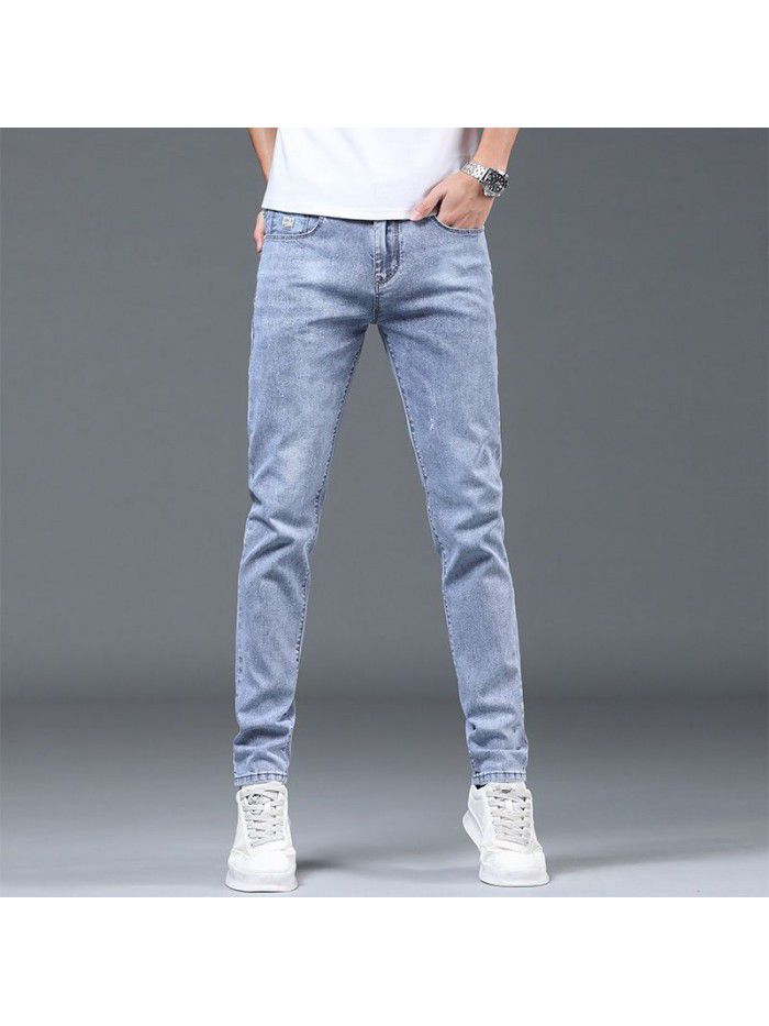  spring and summer new jeans men's Korean slim fit elastic leg pants men's trend leisure wash long pants 
