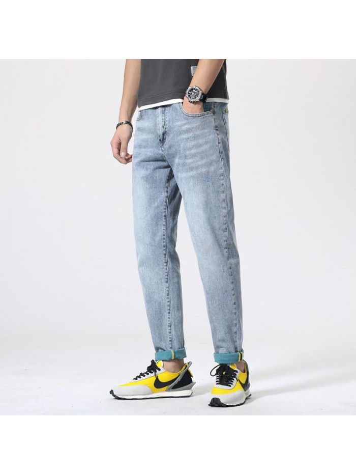Spring and summer new fashion brand jeans men's Korean slim Leggings trend youth fashion leisure stretch pants 