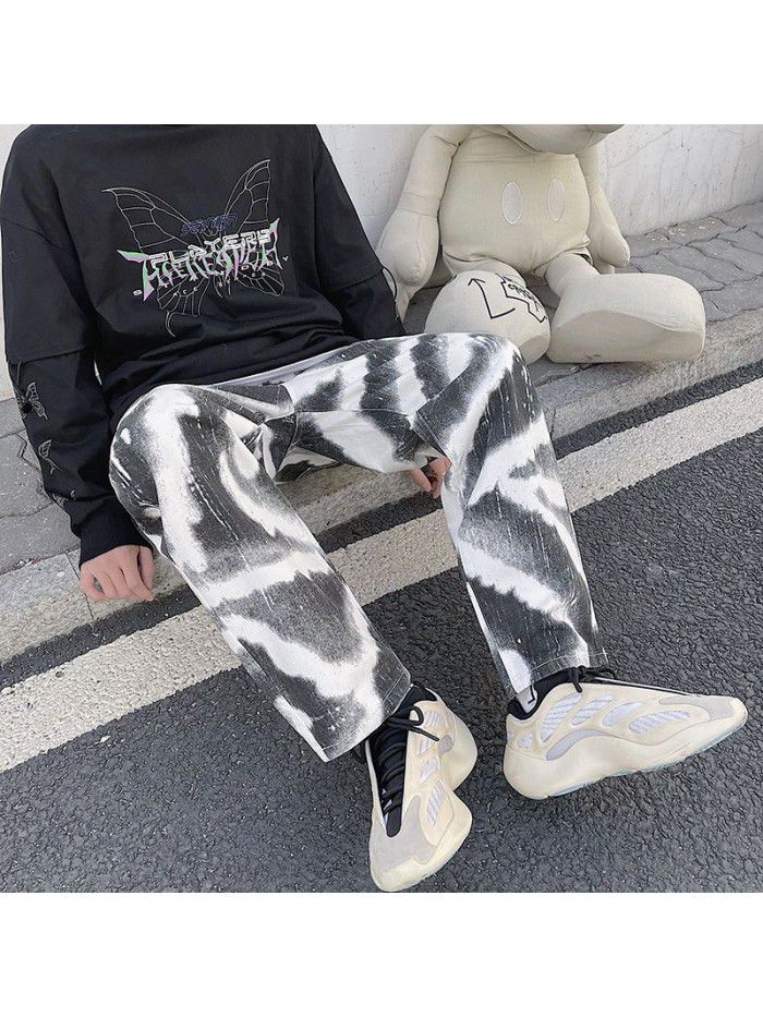 Spring and summer  New Retro loose straight jeans men's trendy Hong Kong tie dye drop casual wide leg pants 