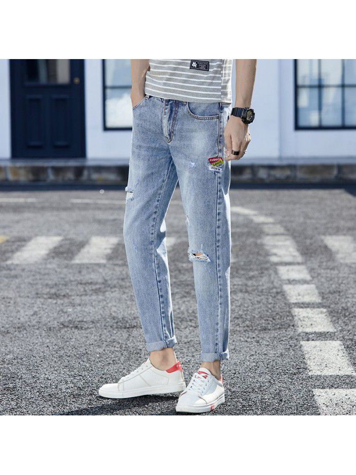 Hole jeans men's spring and summer new fashion brand Korean slim Leggings men's youth fashion casual Capris 