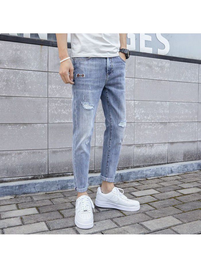 Hole jeans men's trendy Korean slim Leggings men's trendy casual stretch wash quarter pants 