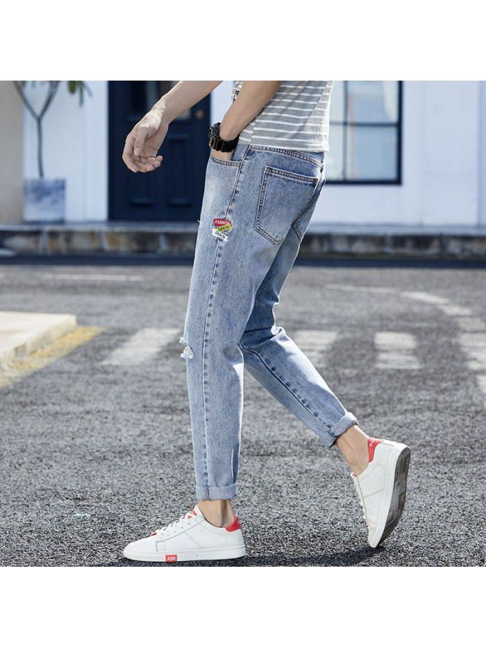 Hole jeans men's spring and summer new fashion brand Korean slim Leggings men's youth fashion casual Capris 