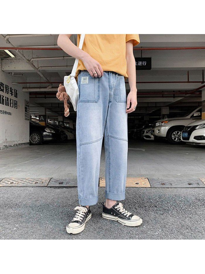Spring and summer new jeans men's Hong Kong style trend retro straight tube loose hole washed Harlan pants wide leg pants 