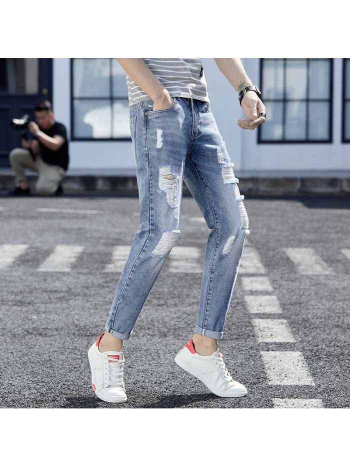 Spring and summer fashion brand jeans men's slim fit Korean leg pants men's youth trend holed casual harem Capris 