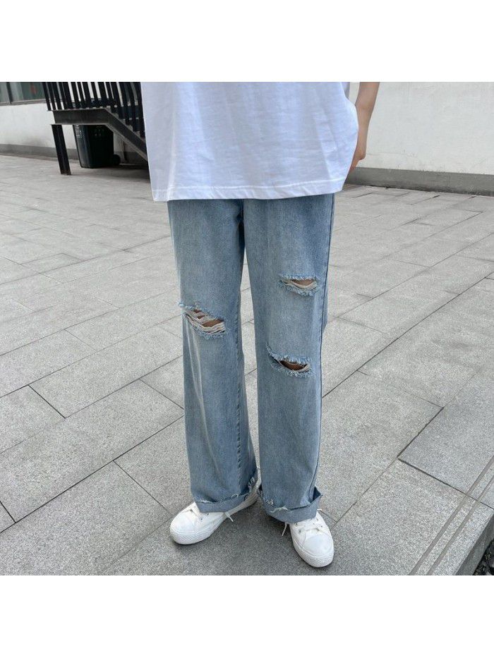 Hole washed jeans men's fashion brand loose straight tube Harem Pants men's youth leisure wide leg Daddy Long Pants 