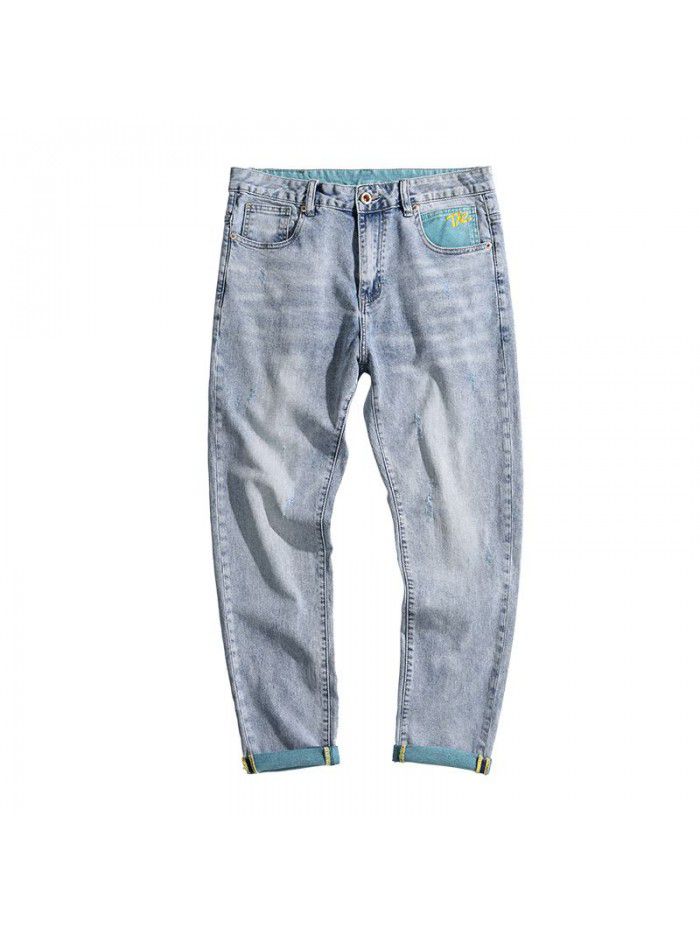 Spring and summer new fashion brand jeans men's Korean slim Leggings trend youth fashion leisure stretch pants 