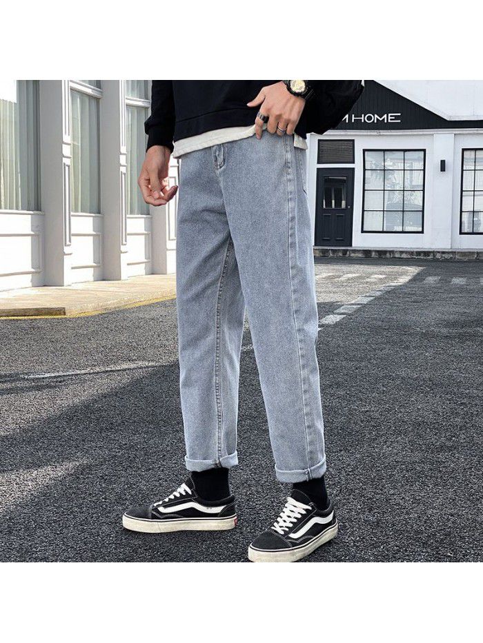 Trendy brand washed jeans men's loose straight Harem Pants men's trend casual simple wide leg daddy Capris 