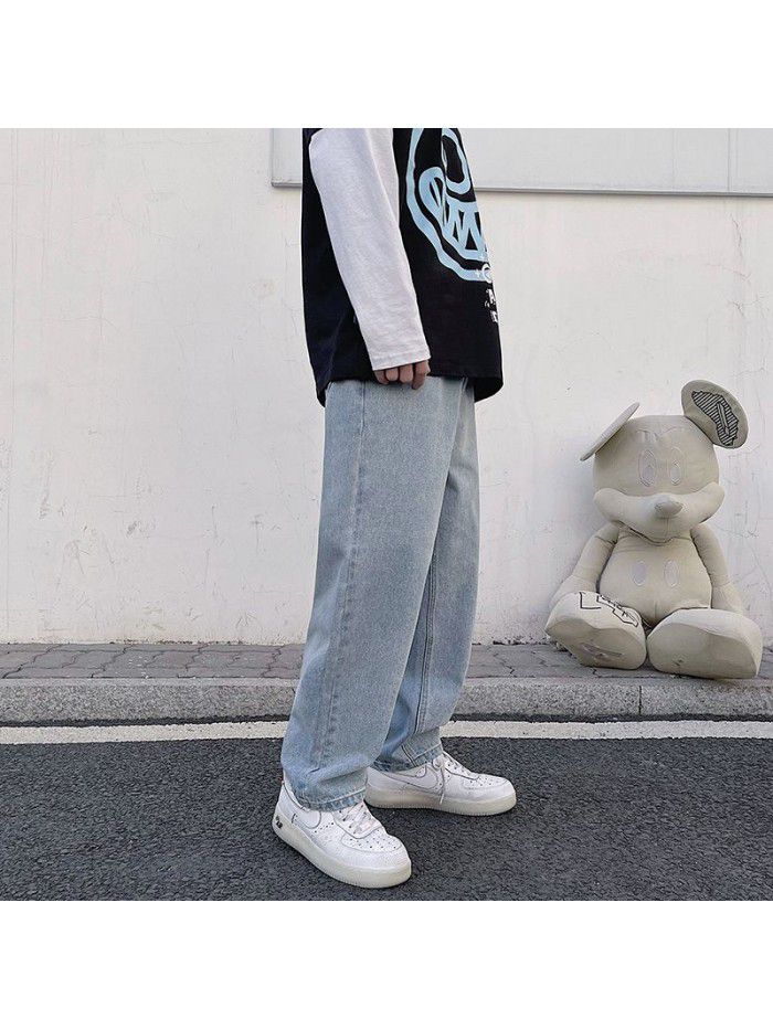 Hong Kong style straight tube wide leg jeans men's  spring and summer new casual Street loose dad skateboard mop pants 