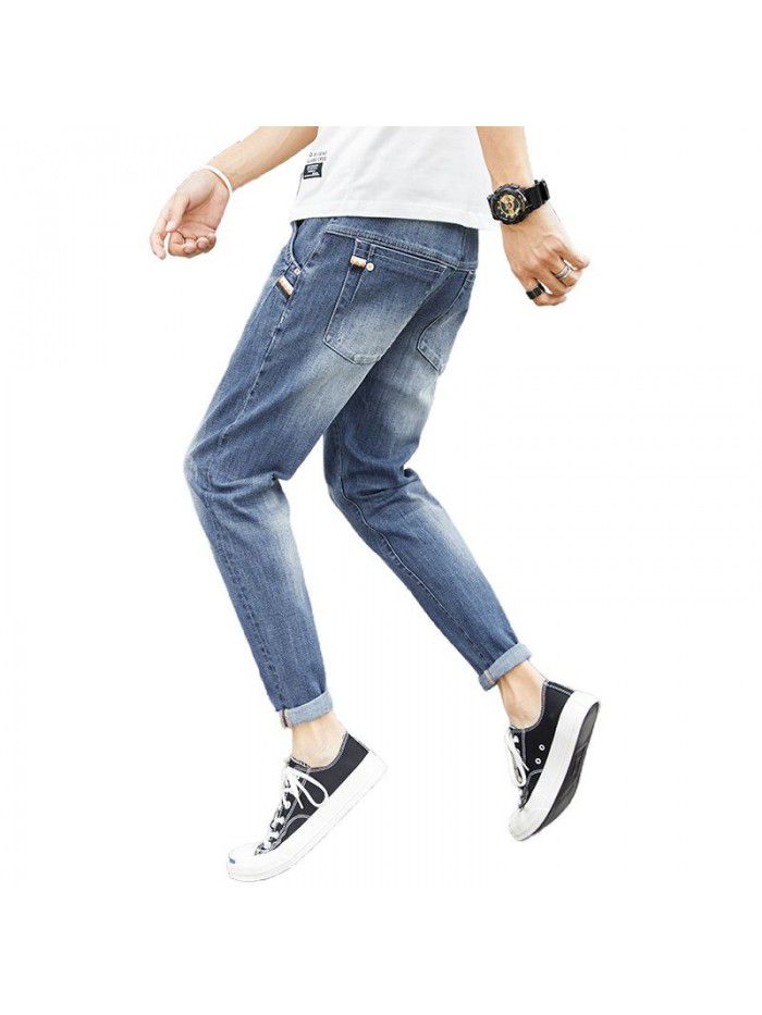 Men's slim jeans spring and summer  new fashion brand Korean leisure trend elastic wash leg Capris 