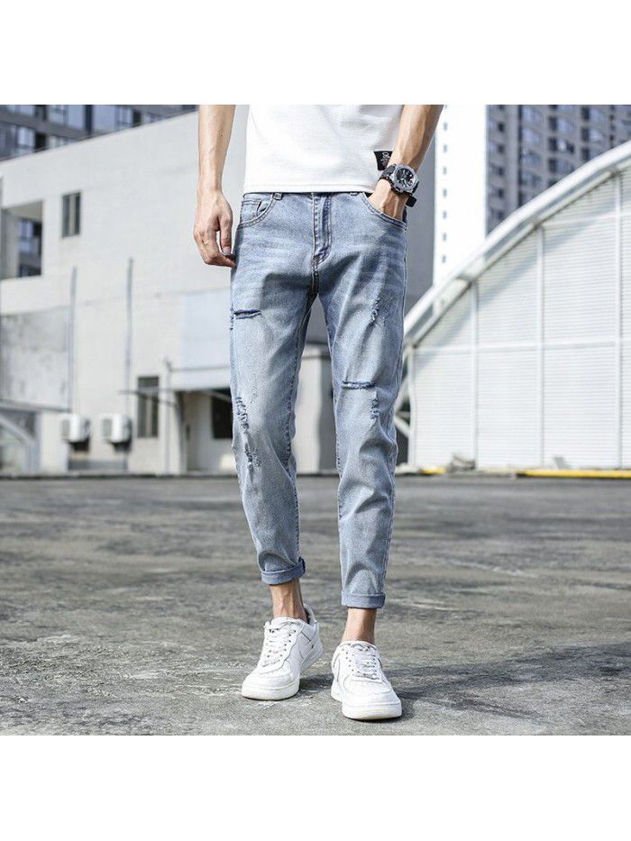 Spring and summer new fashion brand jeans men's Korean slim hole Leggings men's fashion casual elastic pants 