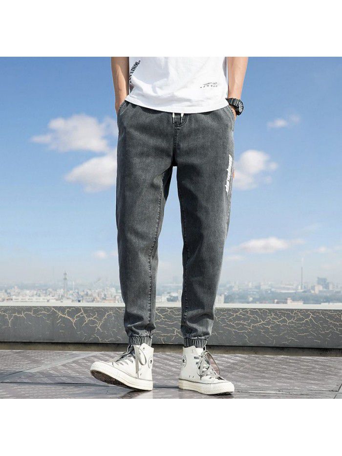 Spring and summer new drawstring washed jeans men's fashion brand loose legged Harem Pants men's casual legged pants 