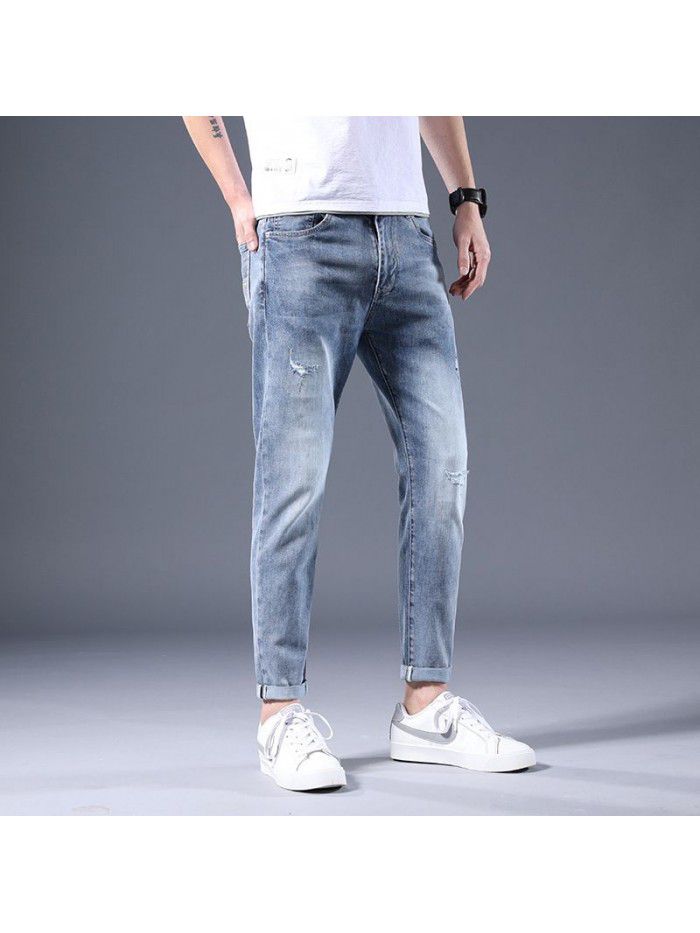 Hole jeans men's spring and summer new Korean slim elastic Leggings trend youth leisure large pants 