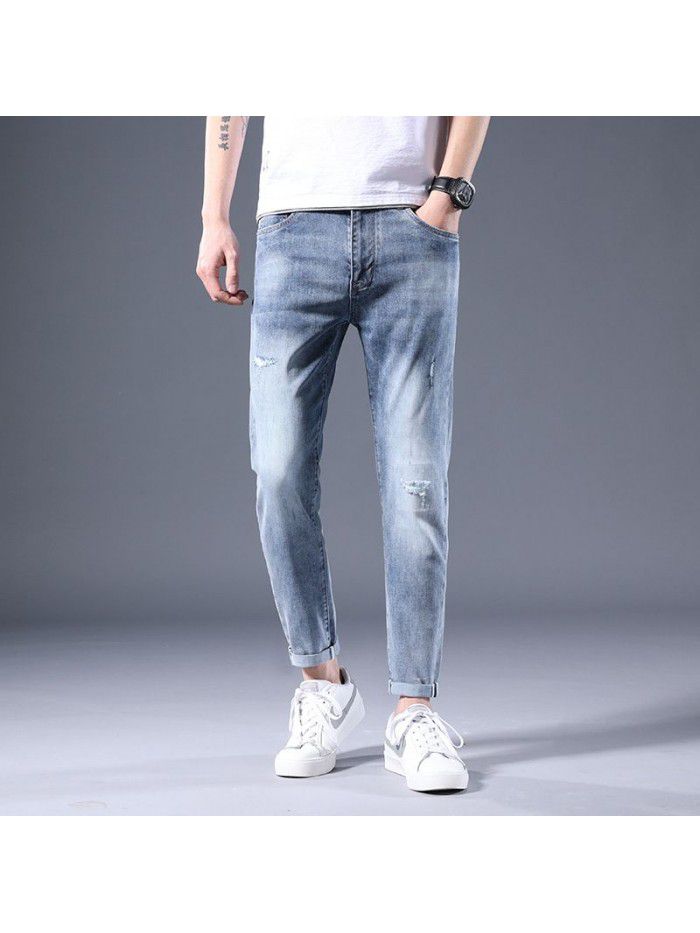 Hole jeans men's spring and summer new Korean slim elastic Leggings trend youth leisure large pants 