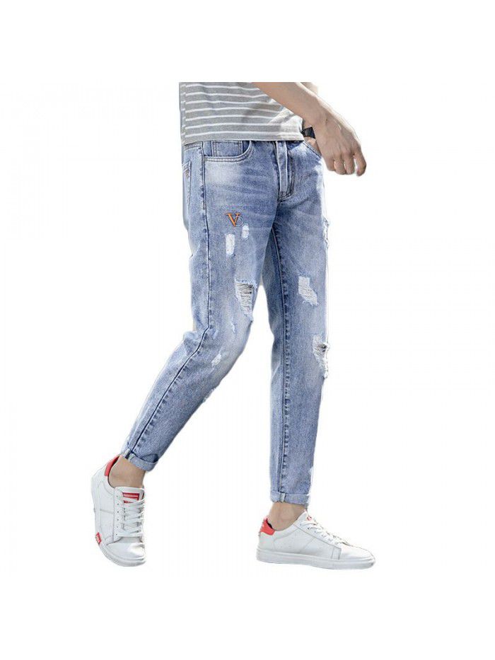 Spring and summer new fashion brand pierced jeans men's Korean slim pants men's trend youth casual Capris 
