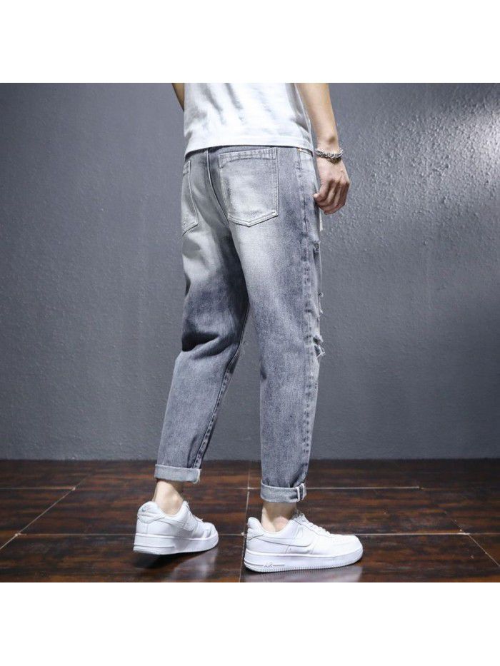  spring new perforated jeans men's fashion brand loose straight pants men's youth casual Capris 