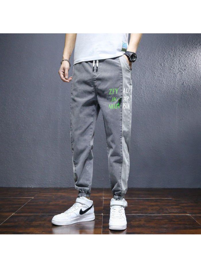 spring and summer new jeans men's fashion brand drawstring slim Korean men's youth leisure stretch pants 