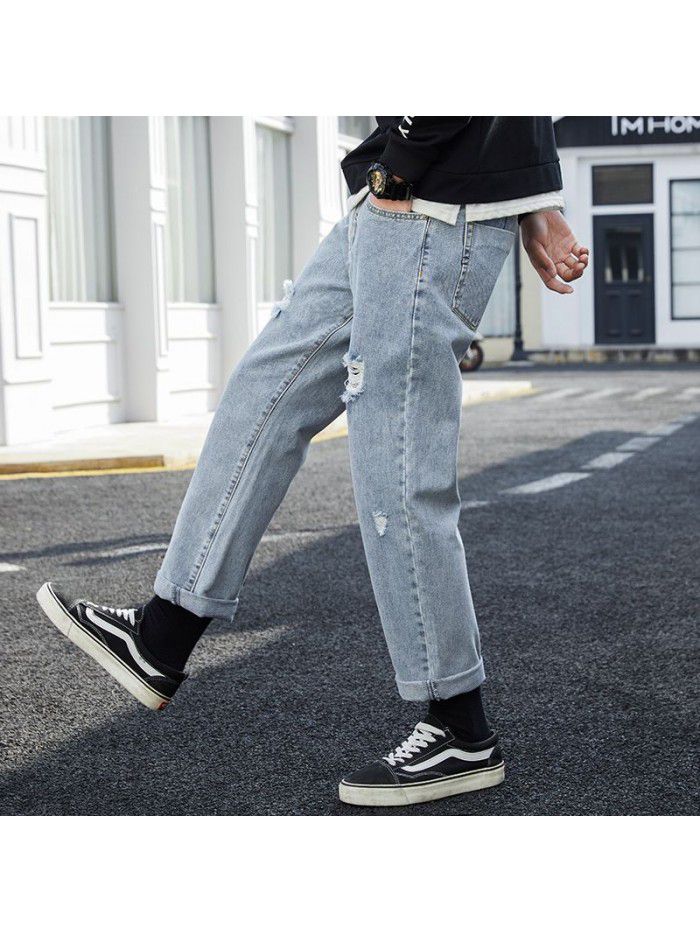 Trendy brand washed jeans men's spring and summer new loose straight pants men's trend casual hole wide leg quarter pants 