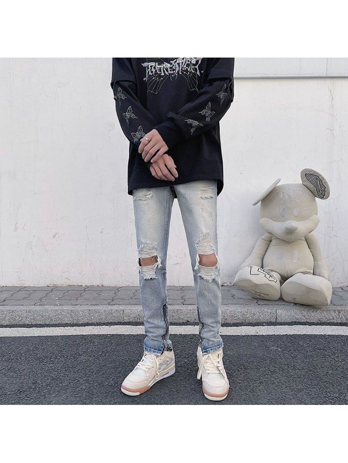 New washed jeans in spring and summer of  men's Korean fashion hole retro fit casual straight pants 