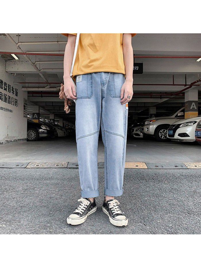 Spring and summer new jeans men's Hong Kong style trend retro straight tube loose hole washed Harlan pants wide leg pants 