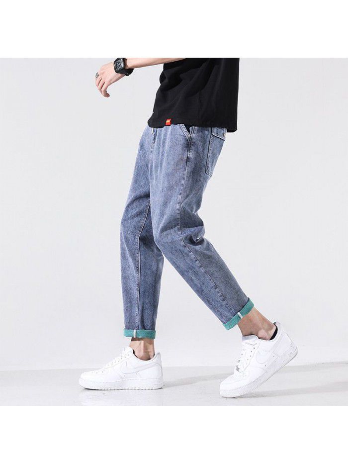 Spring and summer new jeans men's fashion brand loose straight pants men's youth Korean fashion casual stretch Capris 