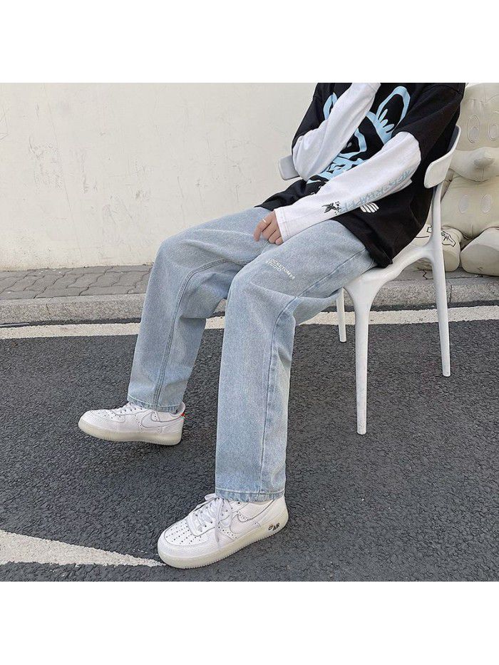 Hong Kong style straight tube wide leg jeans men's  spring and summer new casual Street loose dad skateboard mop pants 