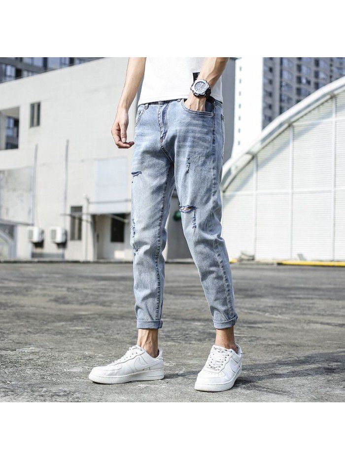 Spring and summer new fashion brand jeans men's Korean slim hole Leggings men's fashion casual elastic pants 