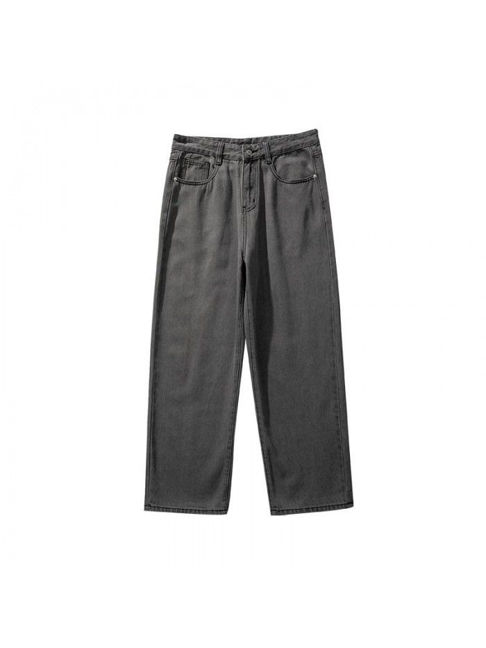 Spring and summer new jeans men's fashion brand loose straight tube wide leg pants men's fashion Korean casual daddy pants 