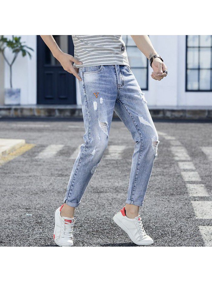 Spring and summer new fashion brand pierced jeans men's Korean slim pants men's trend youth casual Capris 